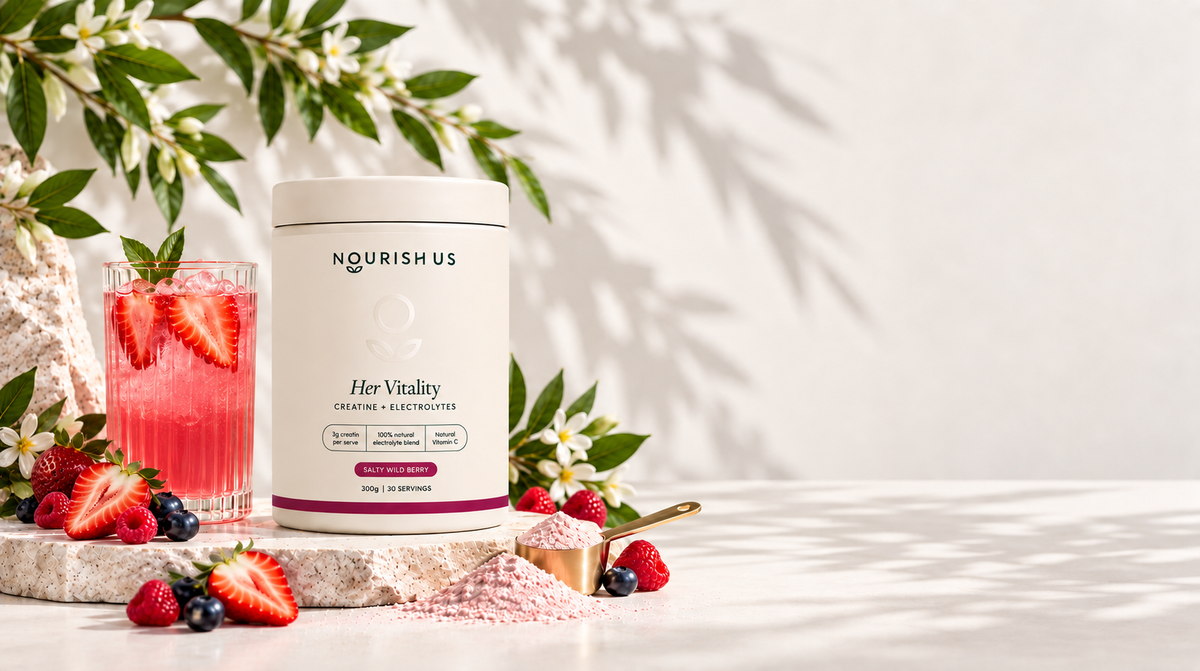 Her Vitality with berry drink, berries and pink powder